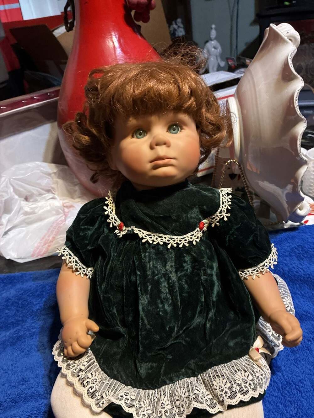 Vintage Pat Secrist 1988 Porcelain Doll in Green Velvet Lace Dress